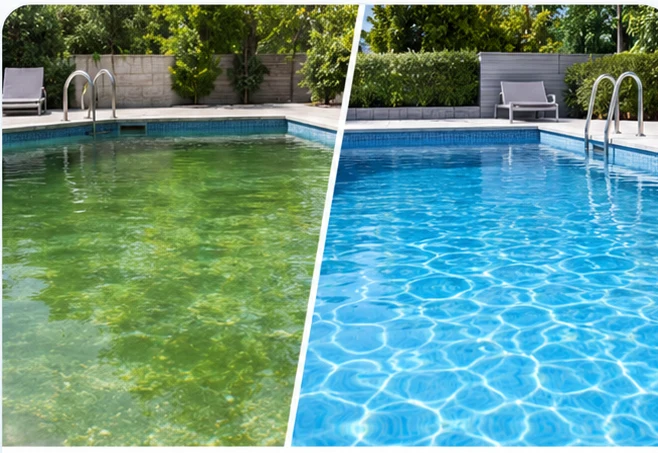 Piscina con agua verde antes del tratamiento